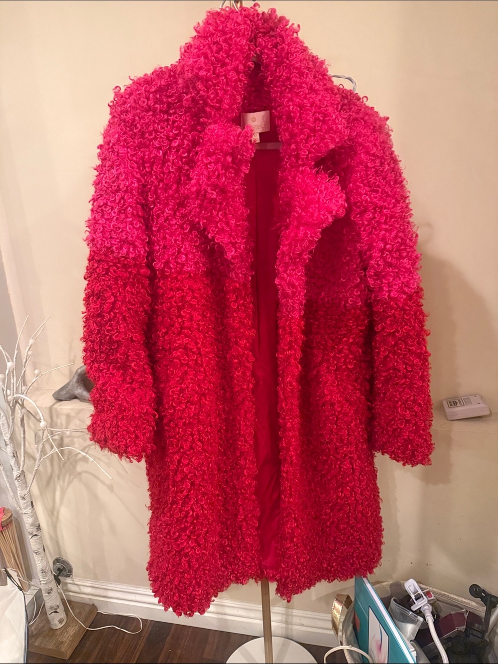 Etcetera Two-Tone Curly Teddy Coat in Hot Pink and Red